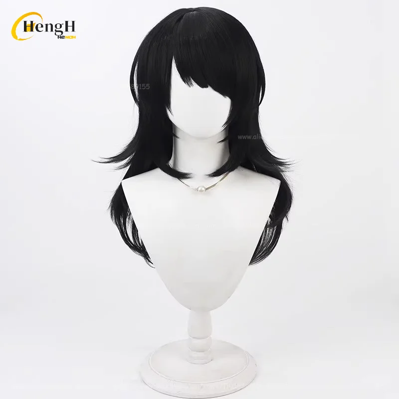 Peluca y pendientes negros de Anime de pelo sintético Yahata Umiri de 55cm de largo, pelo resistente al calor, pelucas de Anime para fiesta de Halloween para mujer