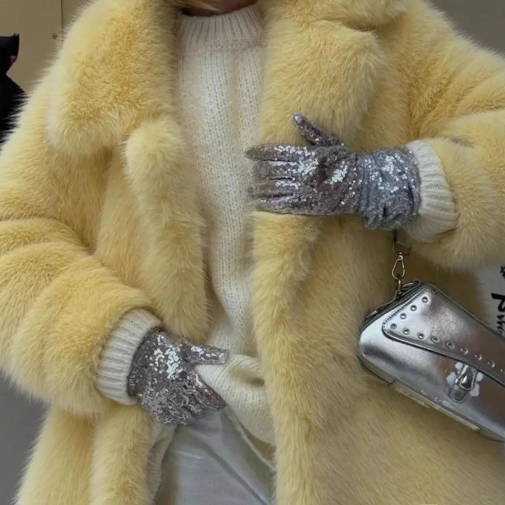 Damskie płaszcze z futra lisa, długi rękaw, grube, ciepłe kurtki, kołnierz, luźny krój, streetwear, łączony, elegancki płaszcz, jesień-zima