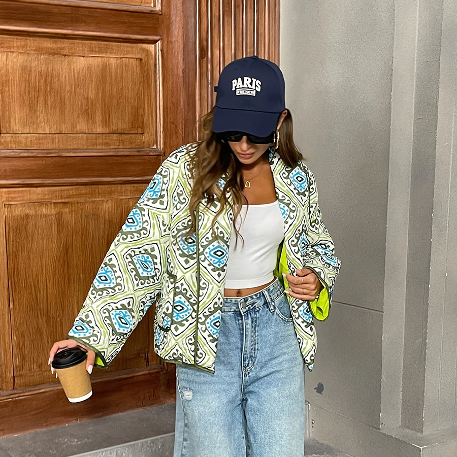 Conciso Spring Double Pocket Jacket Geometric Retro Print Thickened Quilted Lapel Jacket Women's Coat JJ-1696