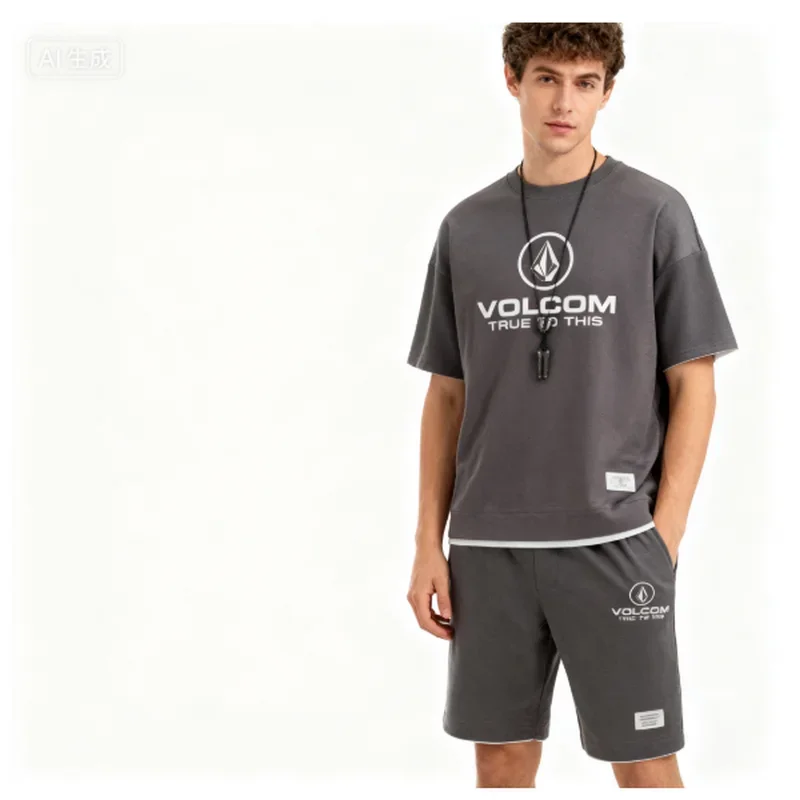 

VOLCOM New Men's Waffle Sport T-shirt and Shorts Set Printed Casual Sportswear Fashion Short Sleeve T-shirt Summer Daily Outdoor