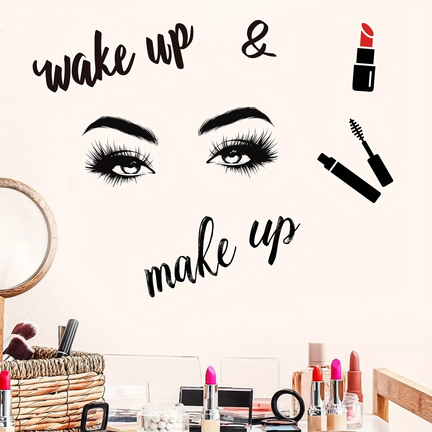 1pc Makeup Theme Wall Sticker,Self-Adhesive Sticker,Suitable for Bedroom,VanityRoom,Beauty Salon,Creative Gift for Makeup Lovers