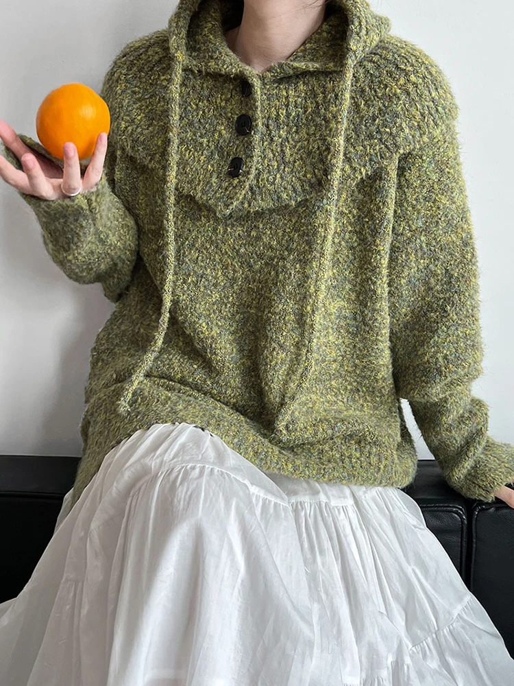[EAM] Green Big Size Elegant Knitting Sweater Hooded Long Sleeve Women Pullovers New Fashion Tide Spring Autumn 2024  1DH7722