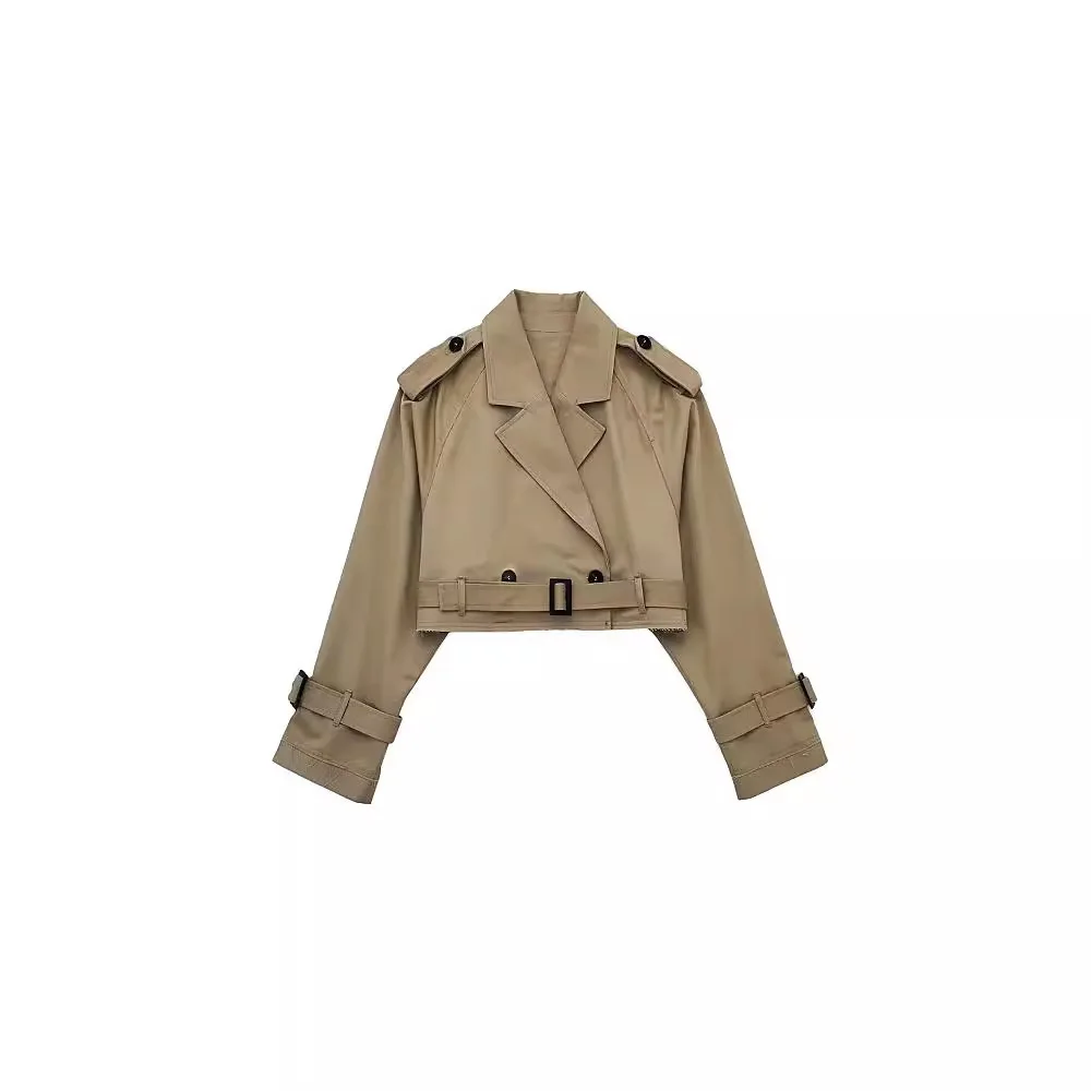 Nowa kolekcja wiosenno-jesienna: damski płaszcz w stylu europejskim i amerykańskim z paskiem, krótki, casualowy trencz z długim rękawem, damskie płaszcze i kurtki.