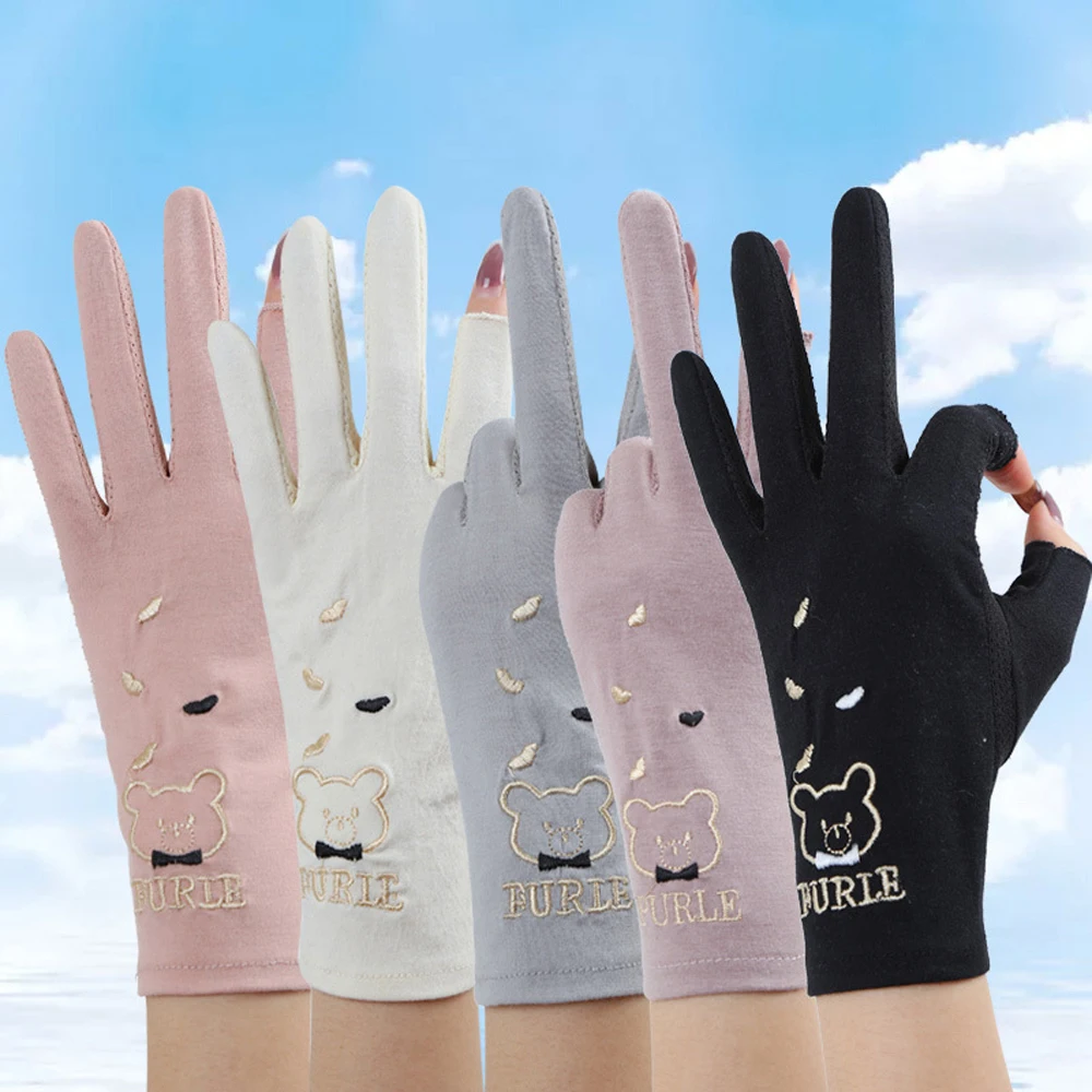 

Embroidered Breathable Bear Mesh Anti-UV Women Thin Gloves Five Fingers Mitts Sunscreen Mittens Drive Mitten