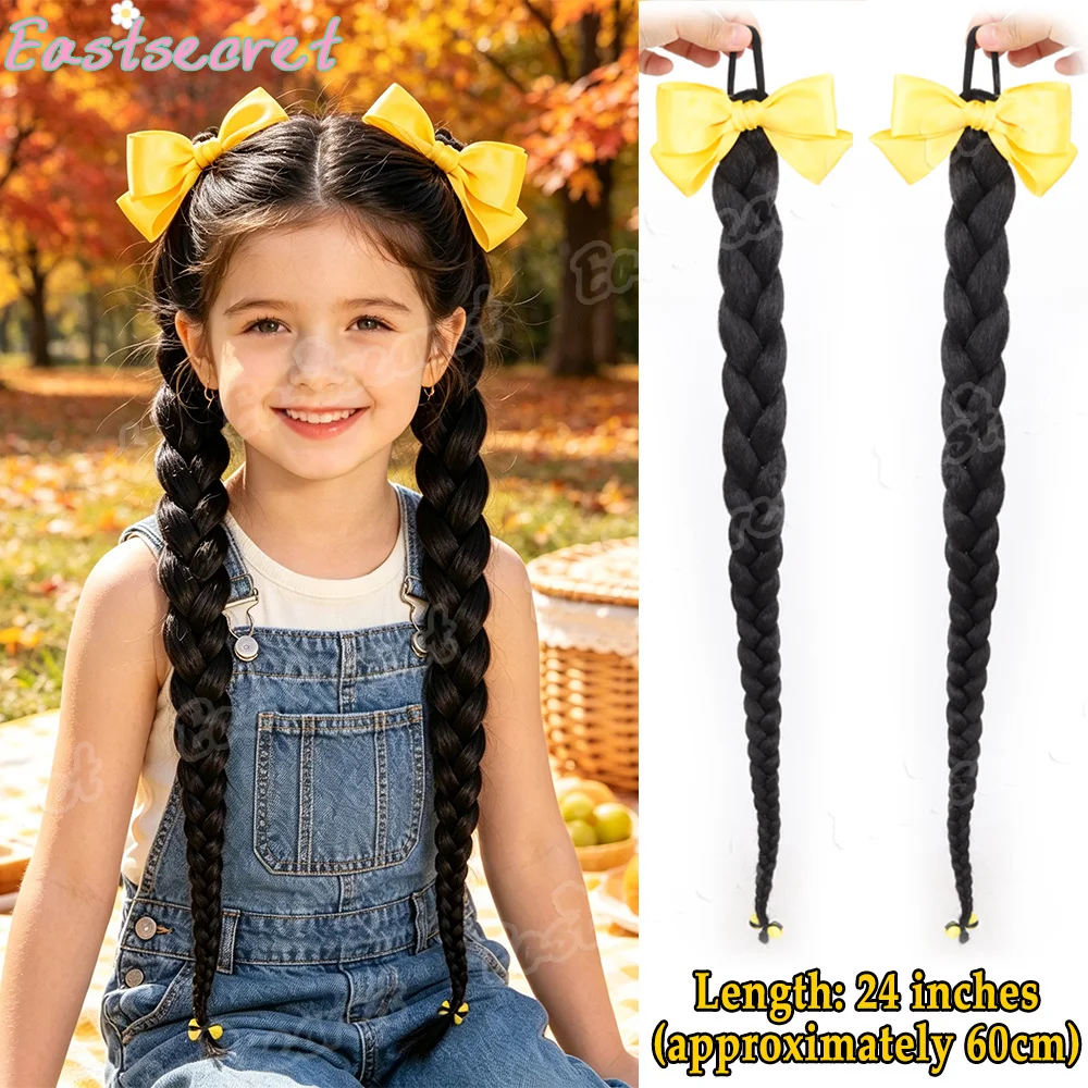 EAST 2 - Pack Girls' Synthetic Wig Set, Yellow Bow Double Braided Pigtails for Cosplay Party Daily Wear