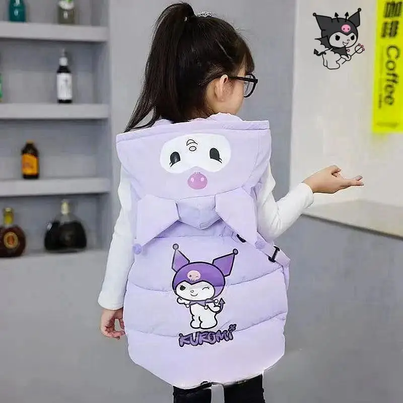 Sanrio Anime Cotton Vest Kawaii Kuromi Girls Winter Casual Warm Jacket Messenger Bag Cute Cartoon Two-Piece Set christmas Gift