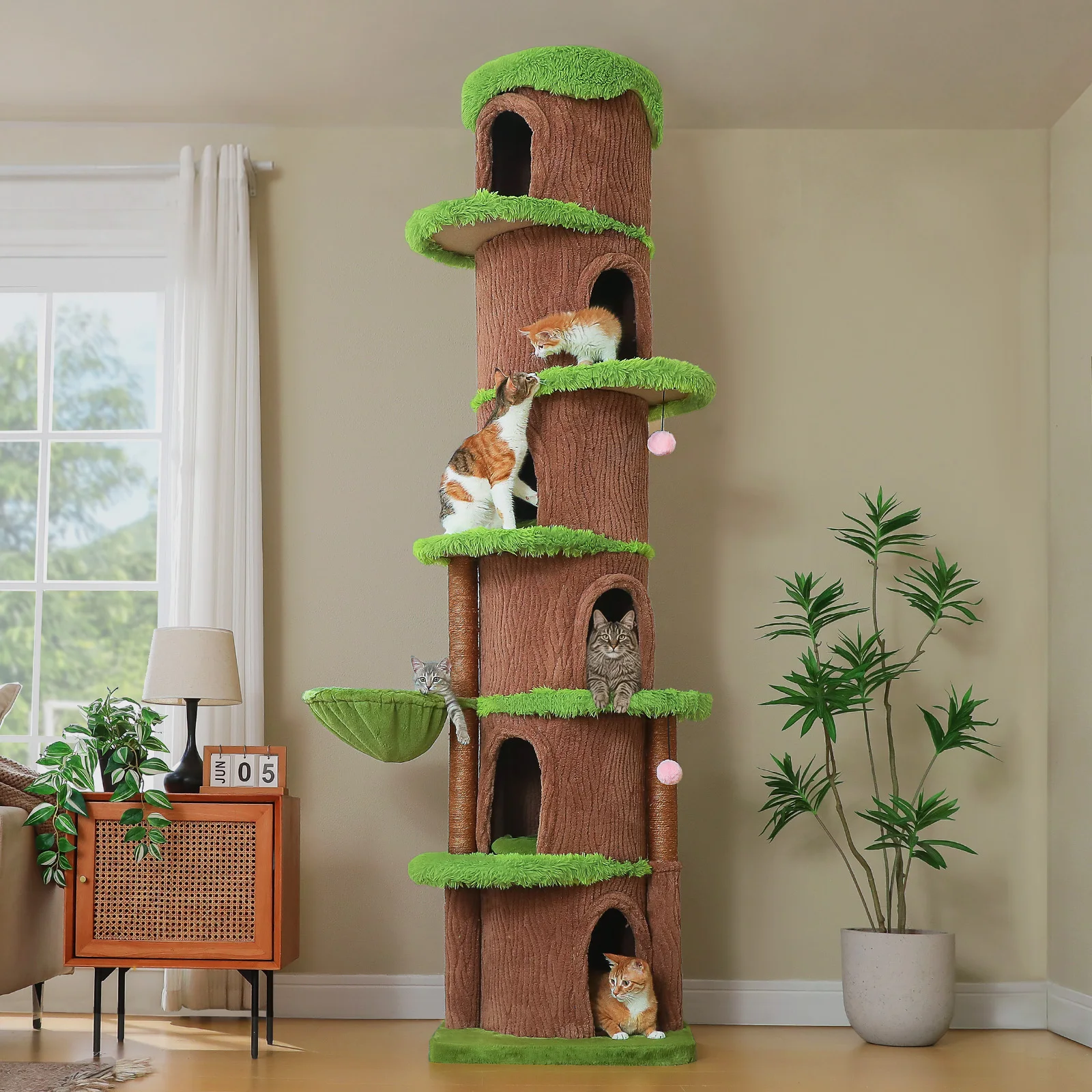 Floor to Ceiling Cat Tree with 6 Spacious Condos Sisal Scratching Posts Cozy Hammock Adjustable Height Large Cat Tower for Indoor Cats Multi-Level Cat House Bed Cat Toys