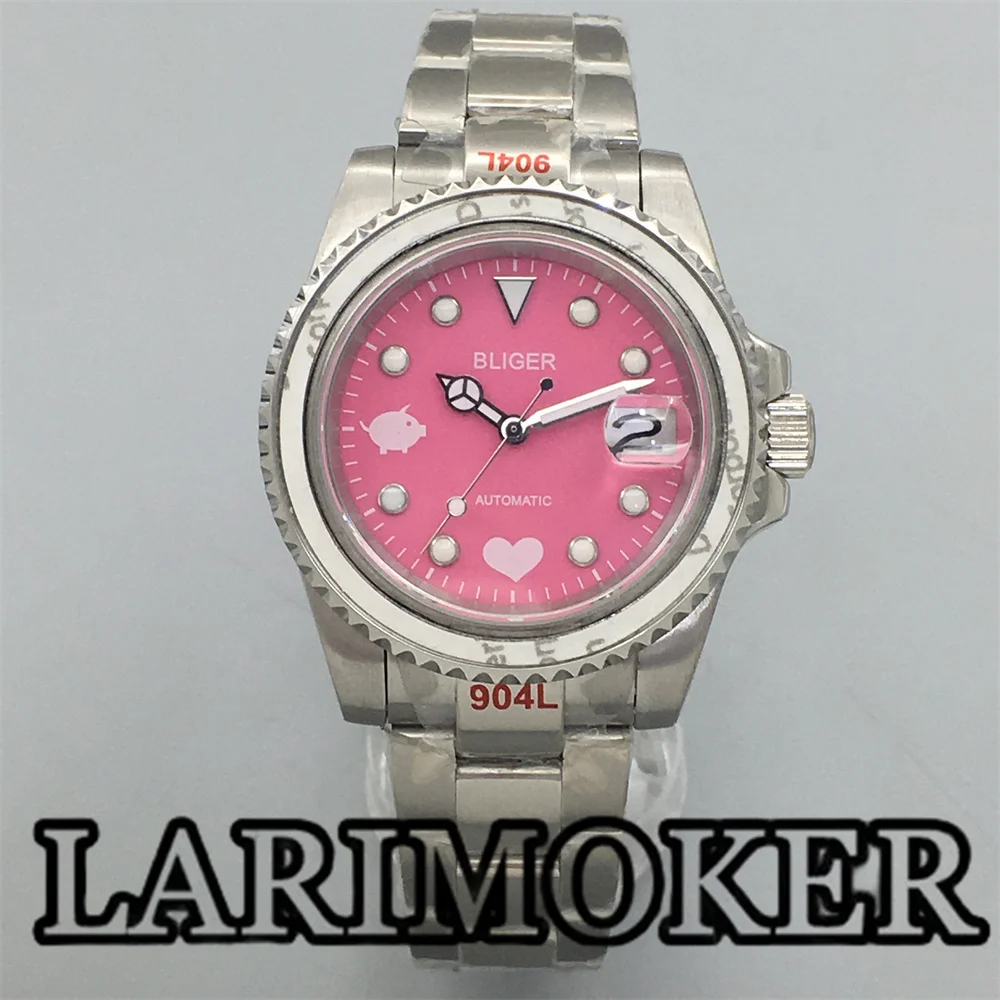 

LARIMOKER Men Watch Bracelet Clasp Stainless Steel Strap Date Magnifier Pink Dial Sapphire Glass 40mm NH35 Movement watch