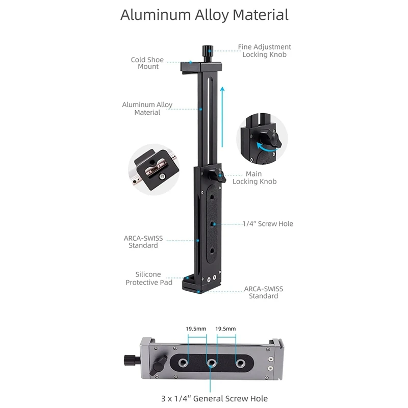 حامل هاتف لوحي عالمي من سبائك الألومنيوم ، مشبك ثلاثي القوائم ، قوس قابل للتعديل للهواتف المحمولة ، متين ، أسود