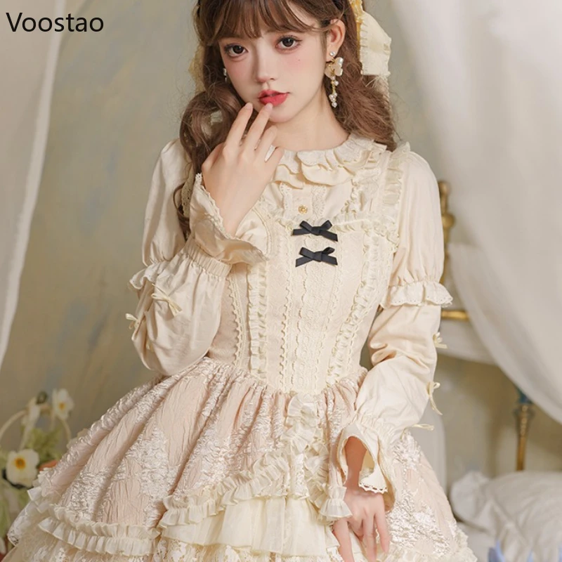 日本のビクトリア朝のヴィンテージロリータシャツ女性甘いかわいいレースリボン長袖ブラウストップス女の子ゴシック Y2k フリルブラウス