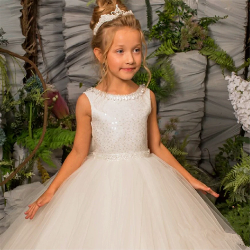 

Sleeveless Tulle Lace Printing High Waist Flower Girl Dress Princess Ball Pageant First Communion Kids Surprise Birthday Present