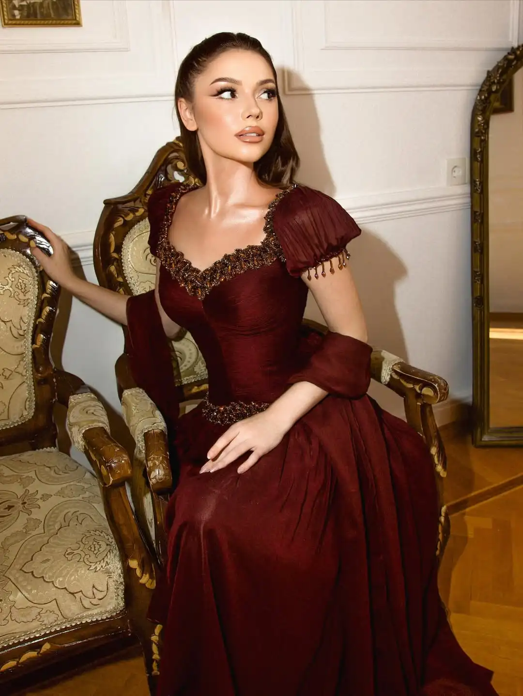 Ofherown Abiti da sera di lusso con perline con maniche ad aletta con nappe Abiti da ballo formali con nastro A-Line Abiti da festa