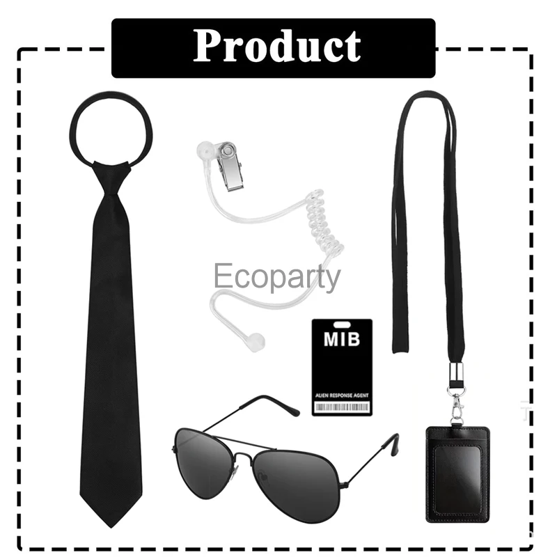 5pcs Adult Security Costume Accessory Spy Cosplay Black Sunglasses Tie Headset Employee Card Suit for Halloween Party Dress Up