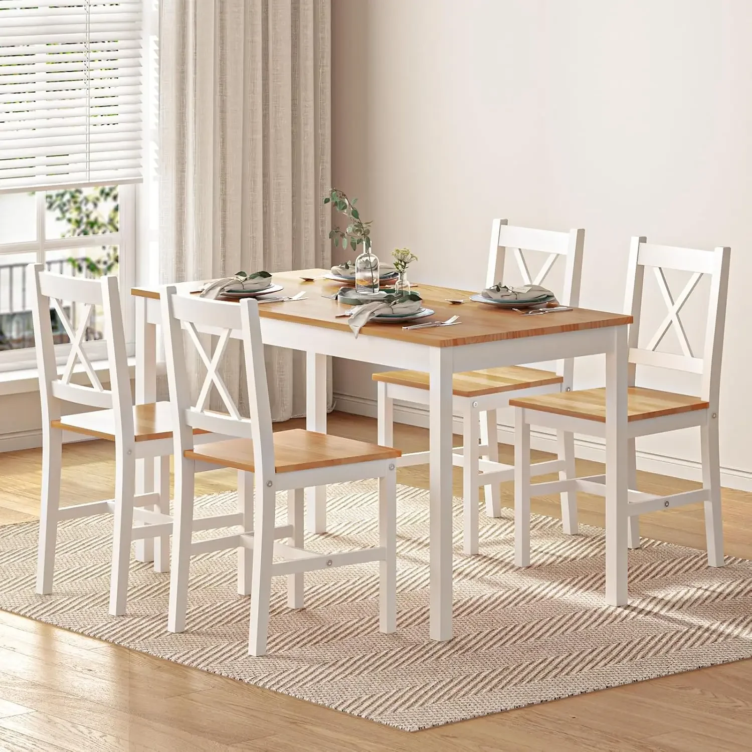 soges Dining Table Set for 4, 42.5 inch Pine Wood Dining Room Table with 4 Chairs 5-Piece Kitchen Table Chair Set Small Space