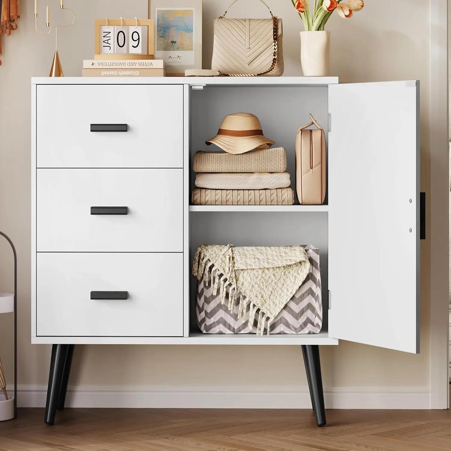 

Storage Cabinet With 3 Drawers, Sideboard Buffet Cabinet With Adjustable Shelf, Freestanding Floor Storage Unit For Living