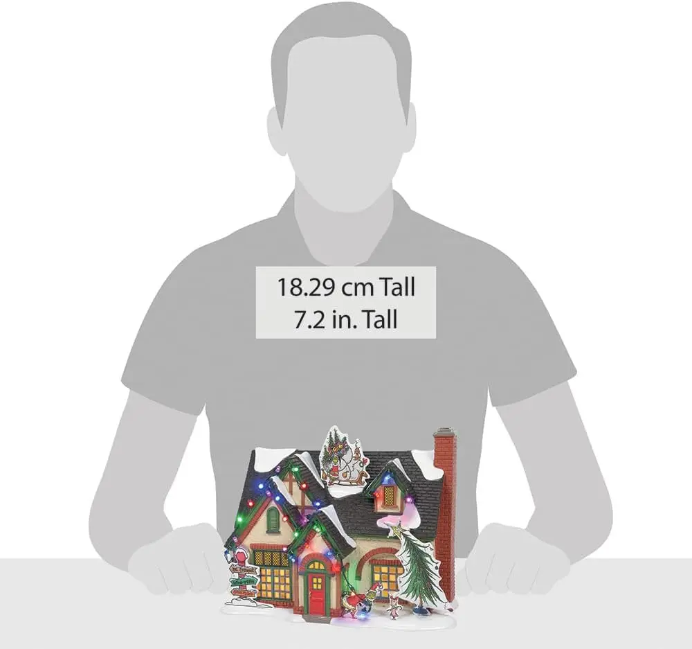 Grinch House Christmas Village Building avec lumières LED, décor en céramique peint à la main, adaptateur secteur inclus, 7,2 pouces multicolore