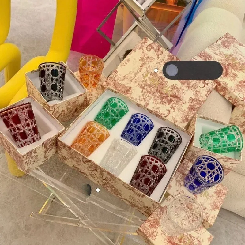 Grid Patterned Crystal Colored Transparent Glass Cup - Home Hotel Drinking Utensils Whiskey Coffee Water Glass for Office Use