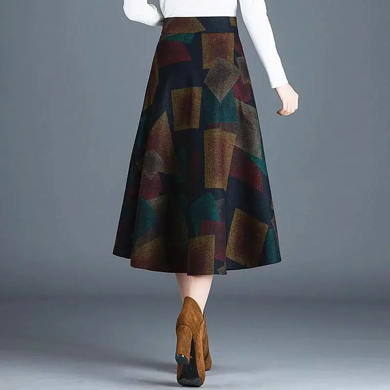 2024 Autumn Winter Women New Printed Woolen Half Length Skirt High Waist Mid  Versatile A Line     C55