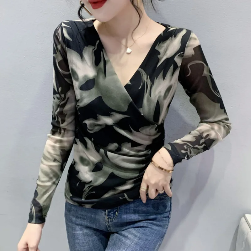 #8050 Tie Dye Bedrukte T-Shirt Vrouwen Strakke Sexy V-Hals T-Shirt Met Lange Mouwen Dames Koreaanse Stijl Mesh Kort T-Shirt Femme Slim Vintage