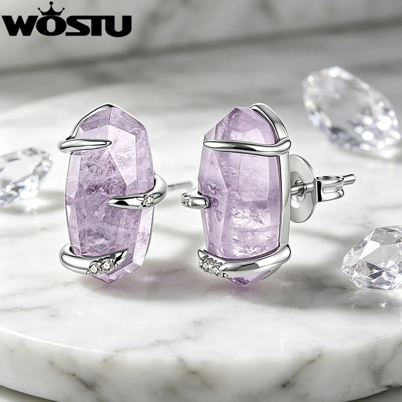 WOSTU Purple Amethyst Raw Crystal Stud Earrings for Women, Platinum Plated s925 Silver Post Geometric Natural Stone Jewelry Gift