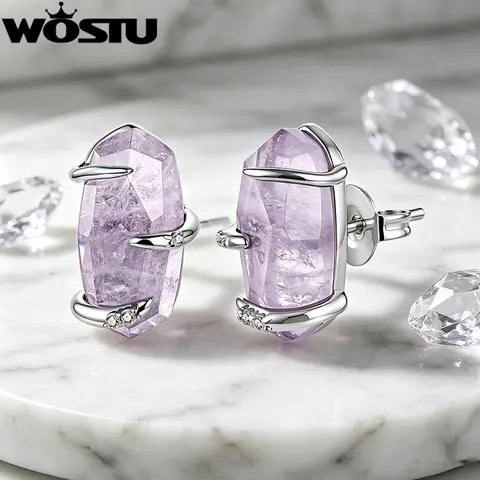 WOSTU Purple Amethyst Raw Crystal Stud Earrings for Women, Platinum Plated s925 Silver Post Geometric Natural Stone Jewelry Gift