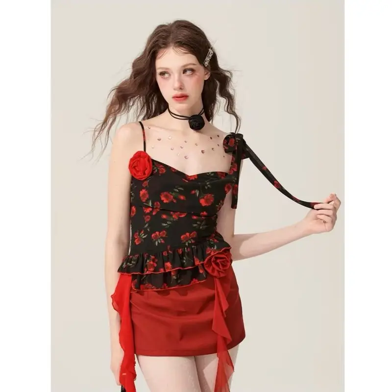 Set 2 Potong Y2K Cetak Antik Gotik Atasan Rasa Desain Wanita + Rok A-line Setelan Retro Seksi Ramping Chic Elegan Prancis Baru Musim Panas