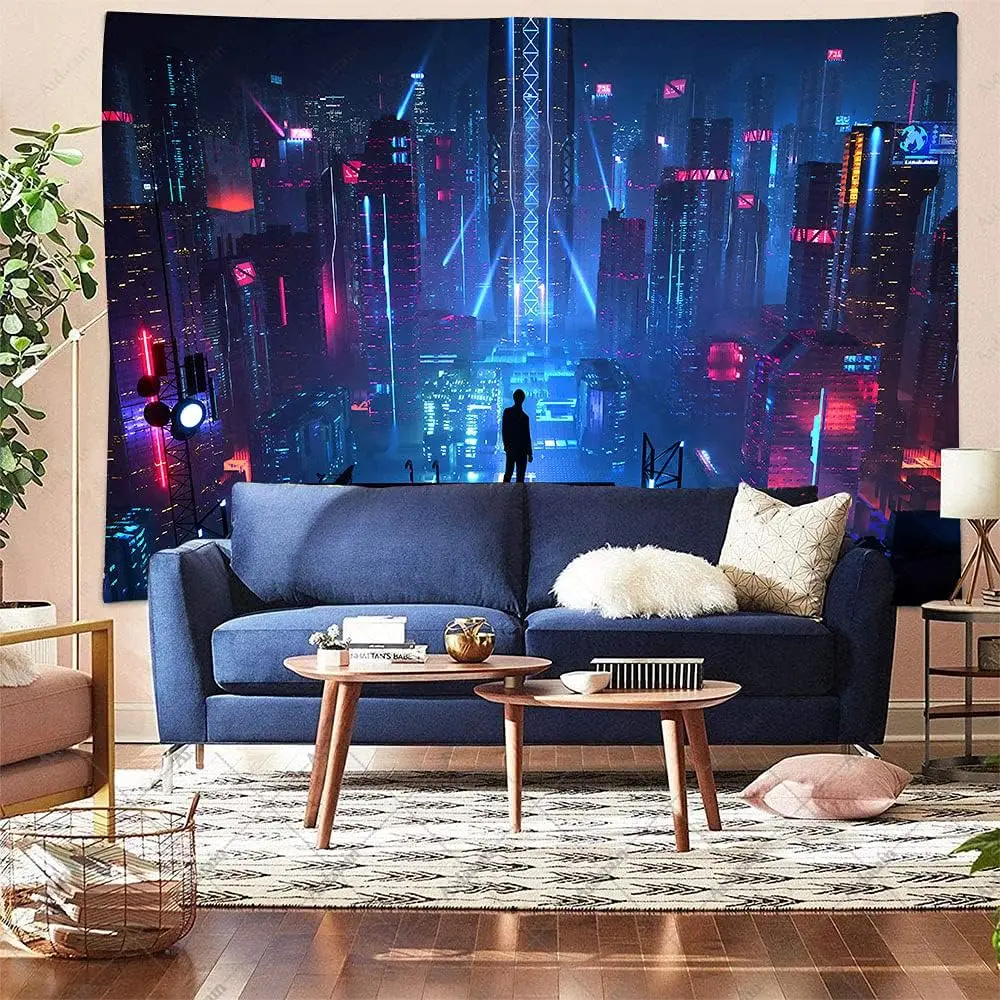 Cityscape Tapestry Skyscrapers Skyline 3D Urben Building Neon Lights Night Wall Hanging Tapestries Flannel Large Size or Bedroom