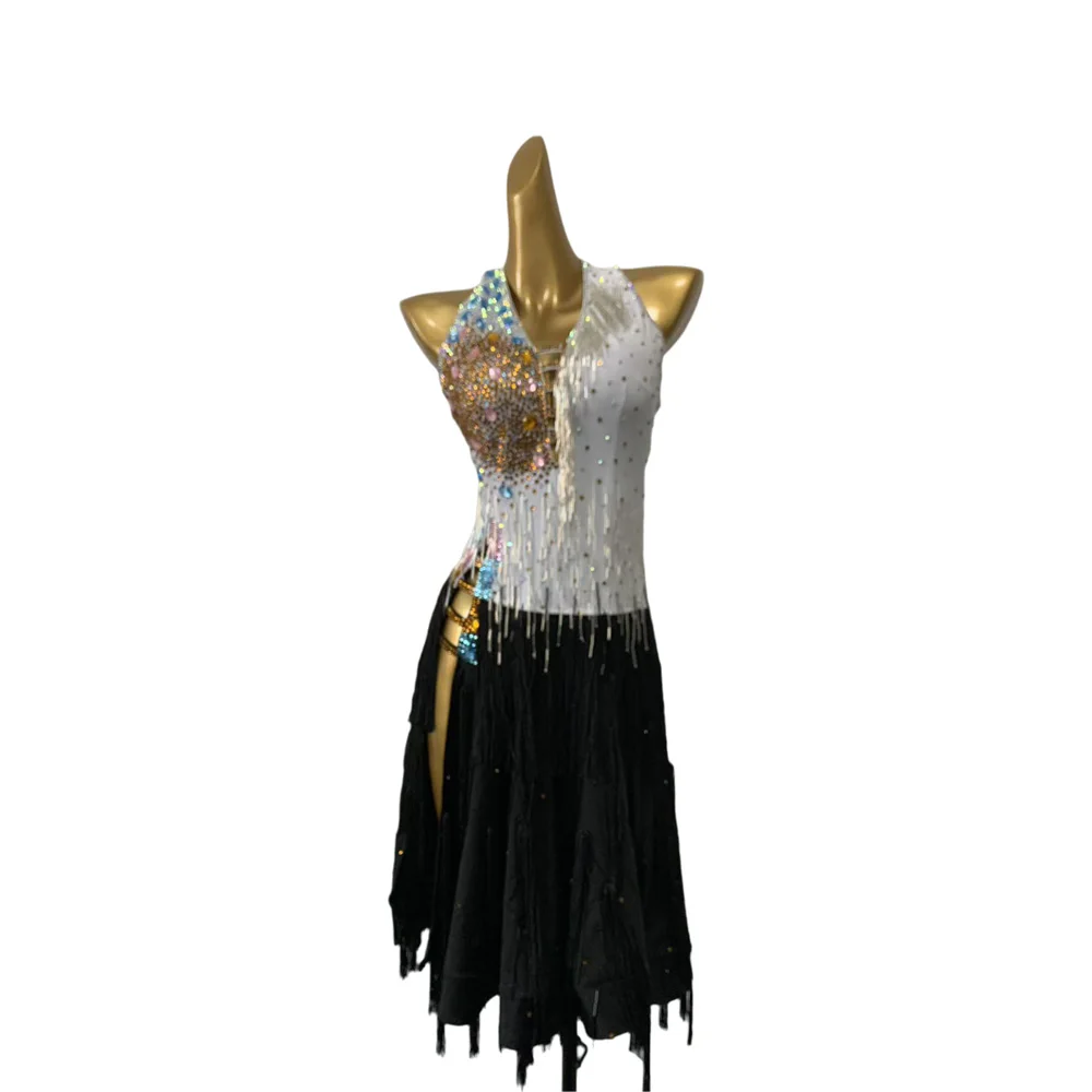 

Latin Dance AB Stone Female Adult Children High end Customized Splicing Color Split Skirt Samba Performance High Flash Dress