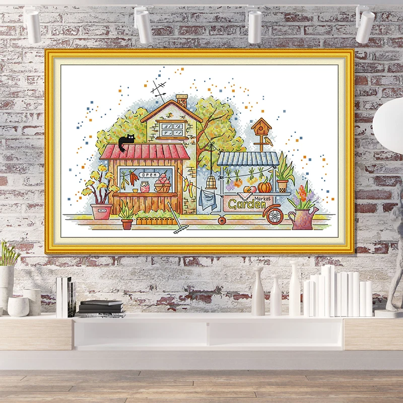 JoySunday Houses Pattern Printed Cross Stitch Kits Aida 16CT 14CT 11CT Fabric Folk Crafts Needlepoint DIY Hand Embroidery Sets