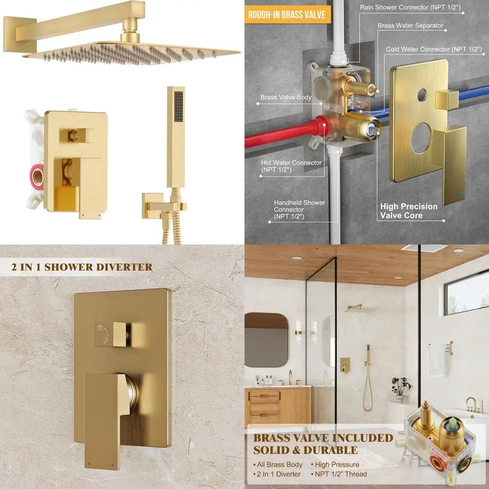 

10 High-Pressure Rainfall Shower System with Handheld in Brushed Gold Finish