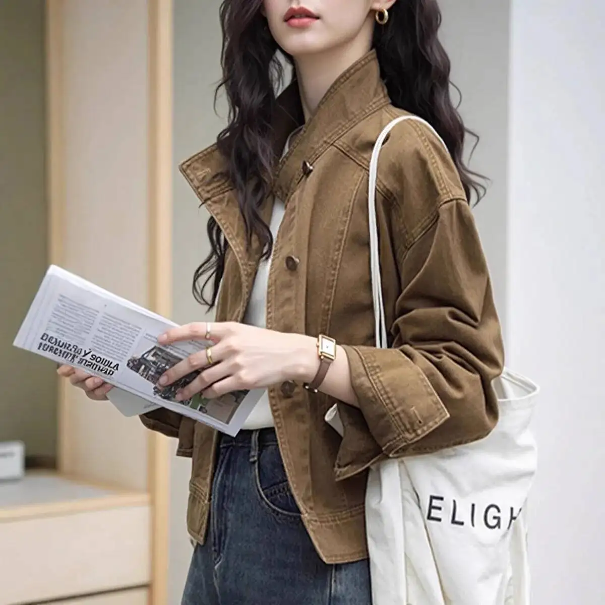 Mulheres jaqueta curta 2025 outono novo retro café denim jaqueta solta gola estilo utilitário casaco curto casual outerwear