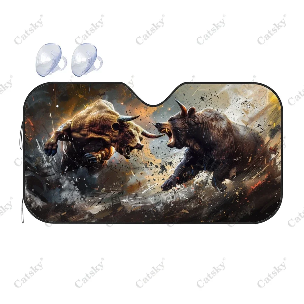 Bear and Bull Fighting Car Windshield Sunshade, Front Auto Car Windshield Sun Shade Blocks Uv Rays Sun Visor Protector