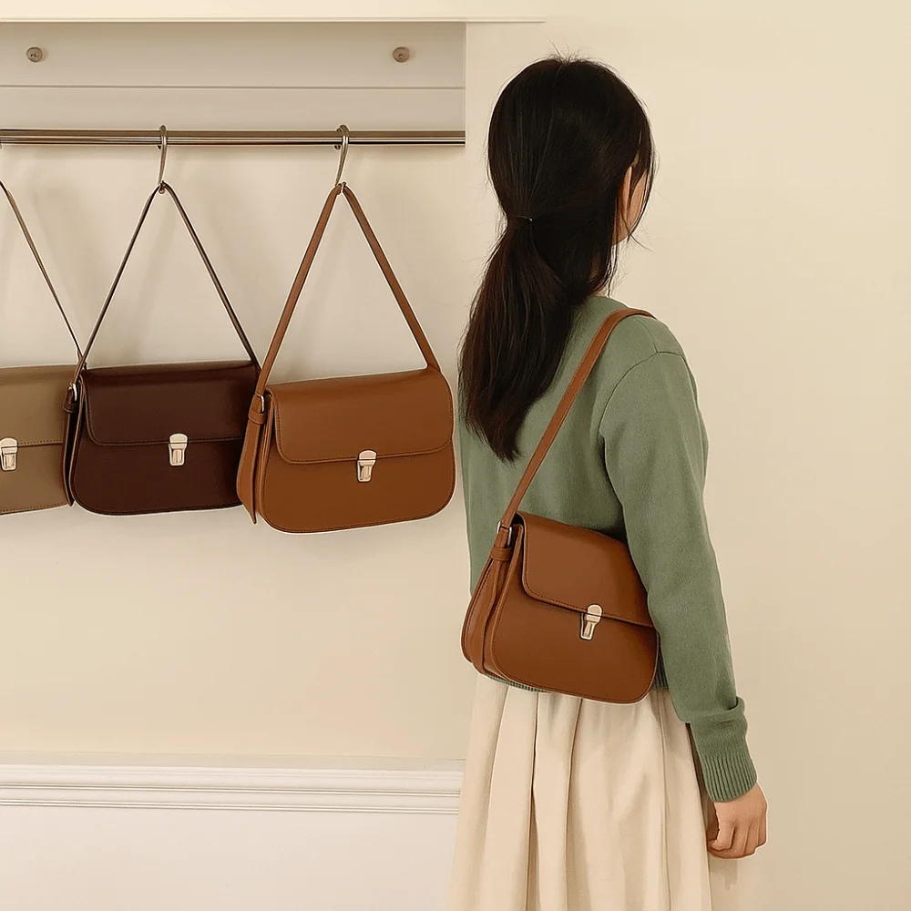 

Fashion Vintage Buckle Shoulder Bag PU Leather Solid Color Retro Underarn Bag Leisure Adjustable Women's Armpit Bag Daily