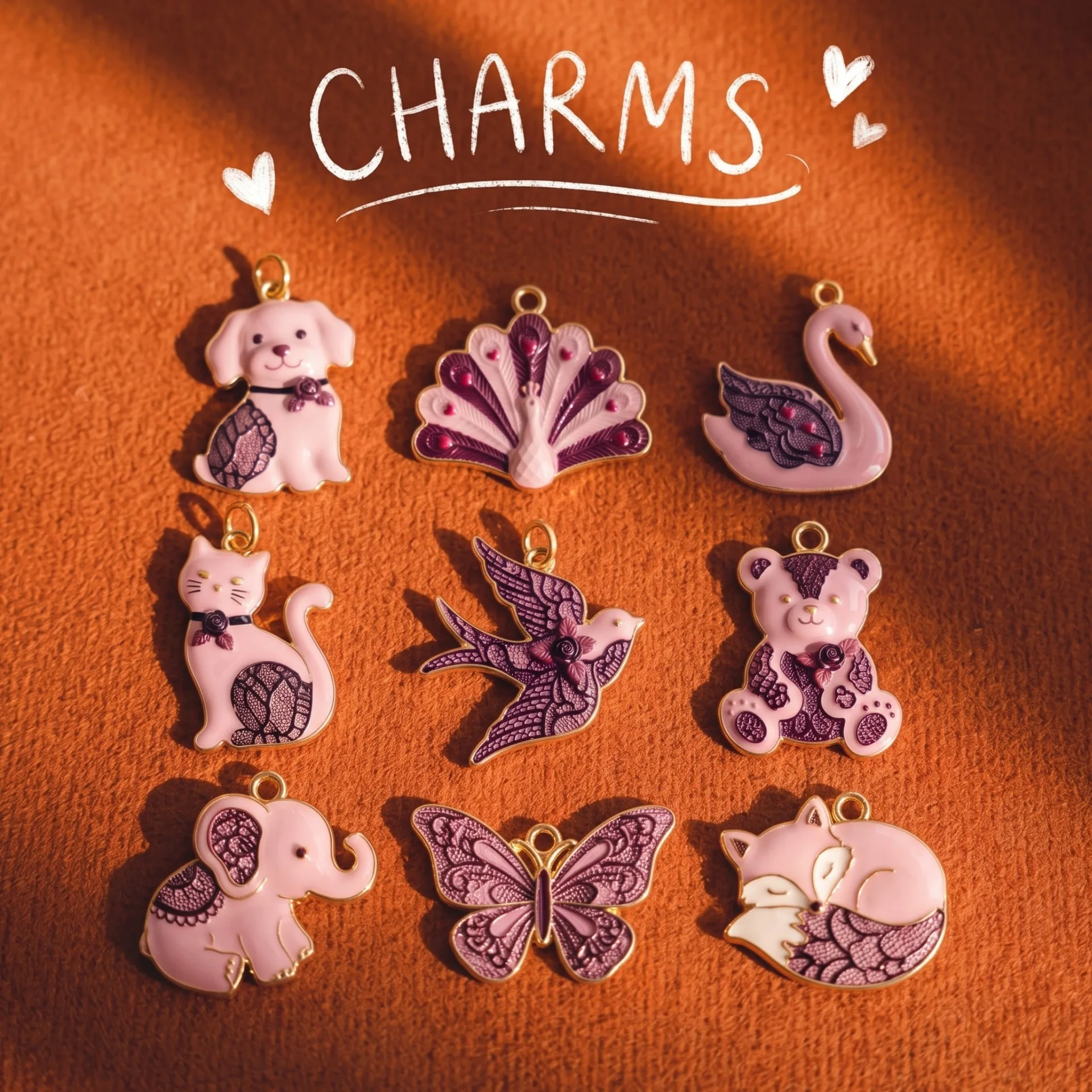New Pink Lace Animal Series Pendant Copper Plate Gold Charms Antique Jewelry Making DIY Handmade Craft Wholesale