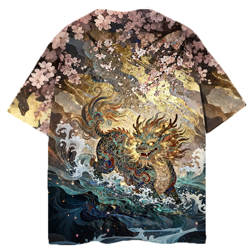 2026 New Auspicious Beast Treading Waves All Over Printed T-shirt Children's Summer China-Chic Style Street Couple Short Sleeve