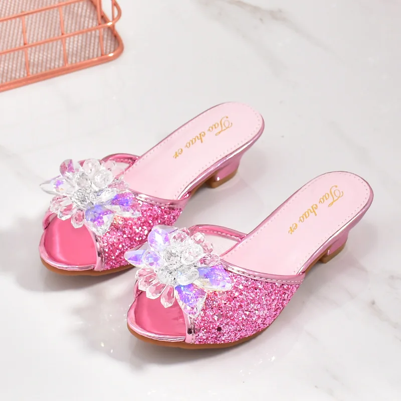 Girls Princess Slippers New Fashion Kids Soft Bottom High Heels Sandals Children Crystal Shoe Wedding Party Performance Slippers