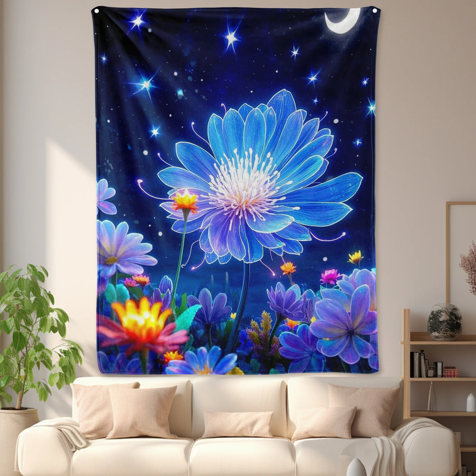 Flores encantadas azul céu estrelado cobertor sonhador xadrez lance para decoração de casa única ideia de presente quente caprichoso design celestial