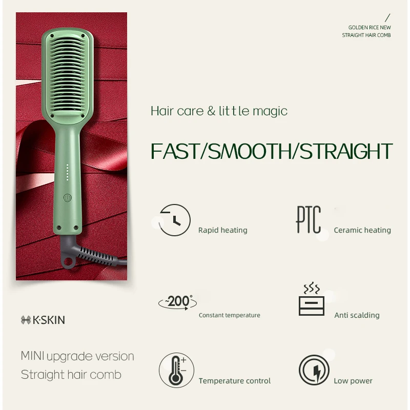 K-SKIN Mini Hair Straightener Hot Comb PTC Fast Heating 5 Gears Constant Tepmerature Anti-scald Electric Hair Brushs Barber Comb