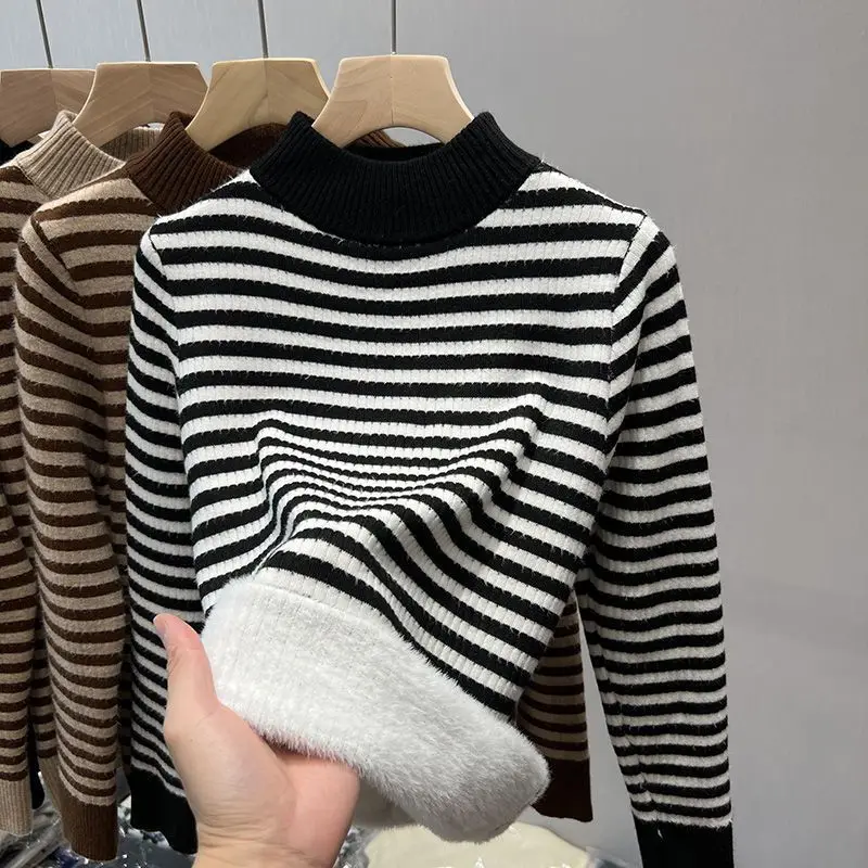 Half High Collar Striped Contrast Color Pullover Long Sleeve Sweater Knitted Elegant Women's Clothing Casual Autumn Winter Tops