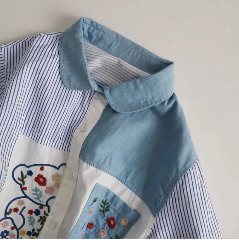 Bomon Spring and Autumn denim patchwork embroidered flower flower vintage vertical stripe shirt long sleeve loose shirt women