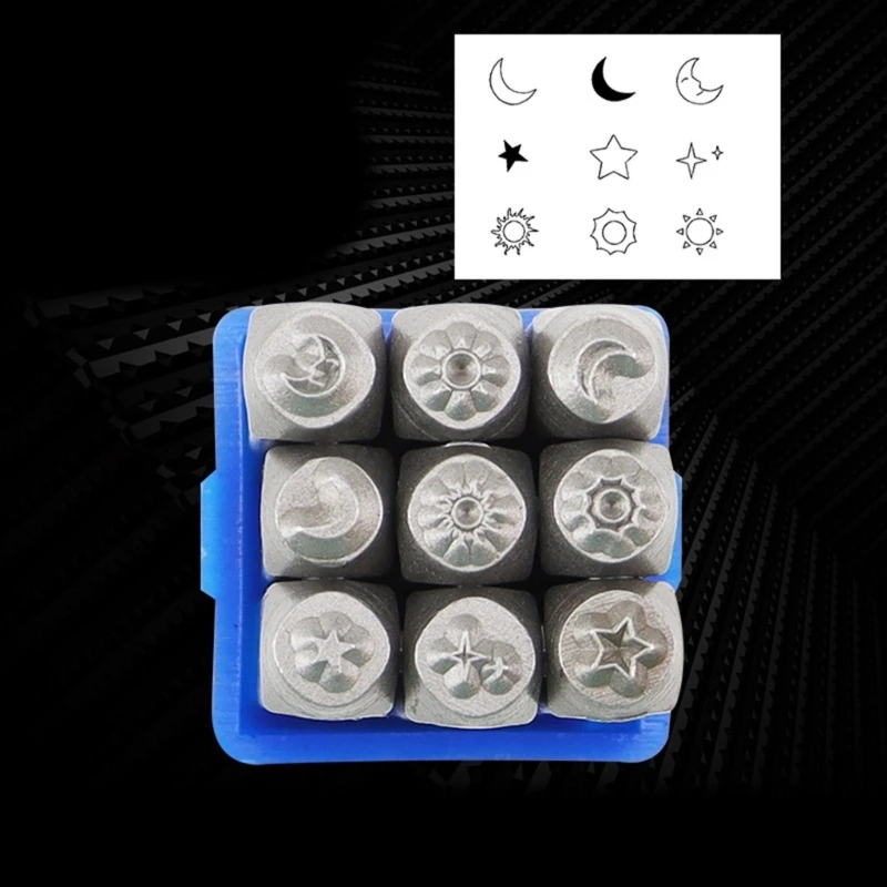 9 Pieces Celestials Designs Sturdy Steel Metal Stamps Set for Custom Jewelry Crafting and Personalizing Soft Metals