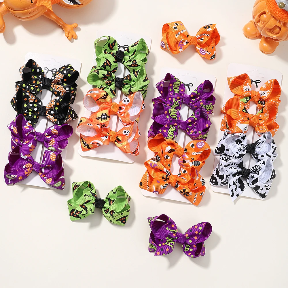 Halloween Bow Skull Hairclip para Crianças, Engraçado Adorável Hairpin, Personalidade Gótica para Meninas, Acessórios de Festa para Crianças, 4 peças por conjunto