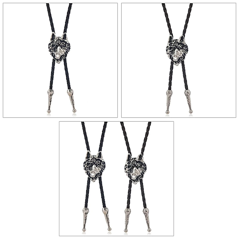 S1Y1 American Bolo Tie Cowboy Artificial Leather Rope Metal Wolf Head Pendant Necktie