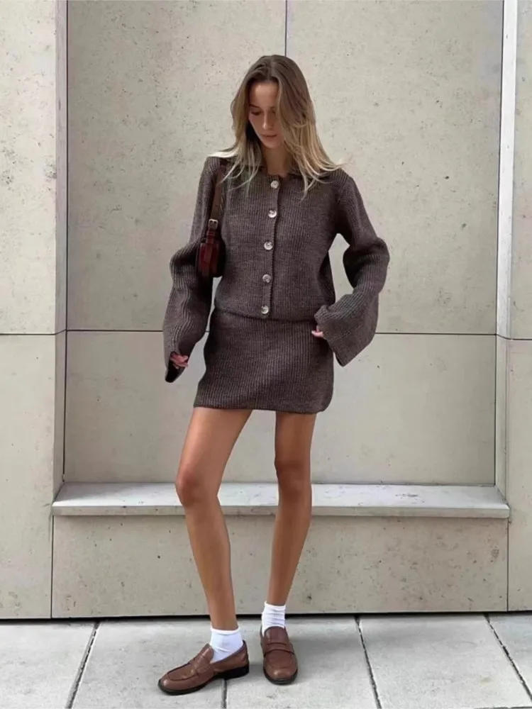 2 Pieces Lapel Long Sleeve Single Breasted Cardigan Short Skirt Suit Elegant Solid Knitted Sets For Women Lady Slim Fall Suits