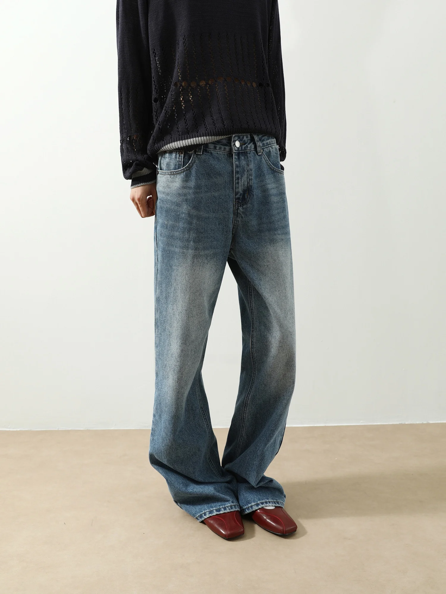 Calça Jeans Unissex Jhup Outono Slim Fit Lavada Boca de Sino Versátil Casual Solta Reta para Homens e Mulheres