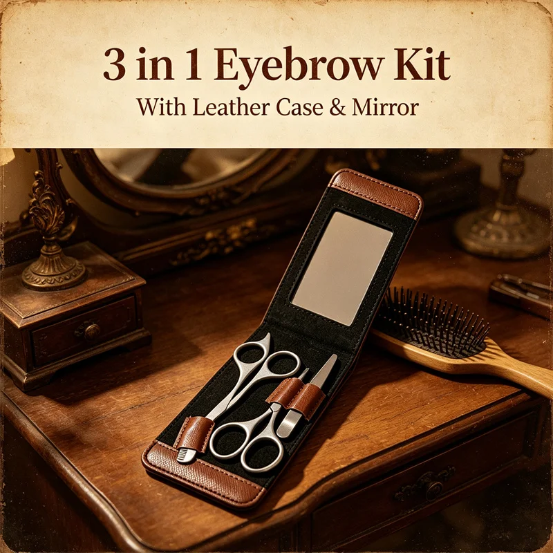 Portable Eyebrow Trimming Set 3PCS, Precision Eyebrow Tweezer, Eyebrow Scissors, Nose Hair Scissors with Leather Pouch & Mirror