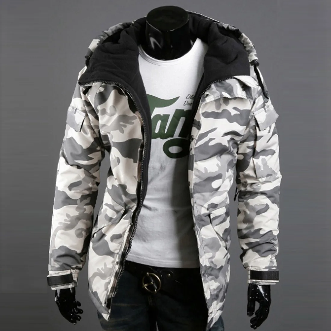 Winter Men Down Jacket Streetwear Fashion Printed Hooded Man Cargo Coat Long Sleeve Pocket Zipper Loose Male Outerwear