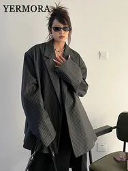 YERMORA Gray Striped Vintage Blazer For Women Lapel Long Sleeve Fashion Loose Fit Basic Jacket Spring Autumn 2025 New A52