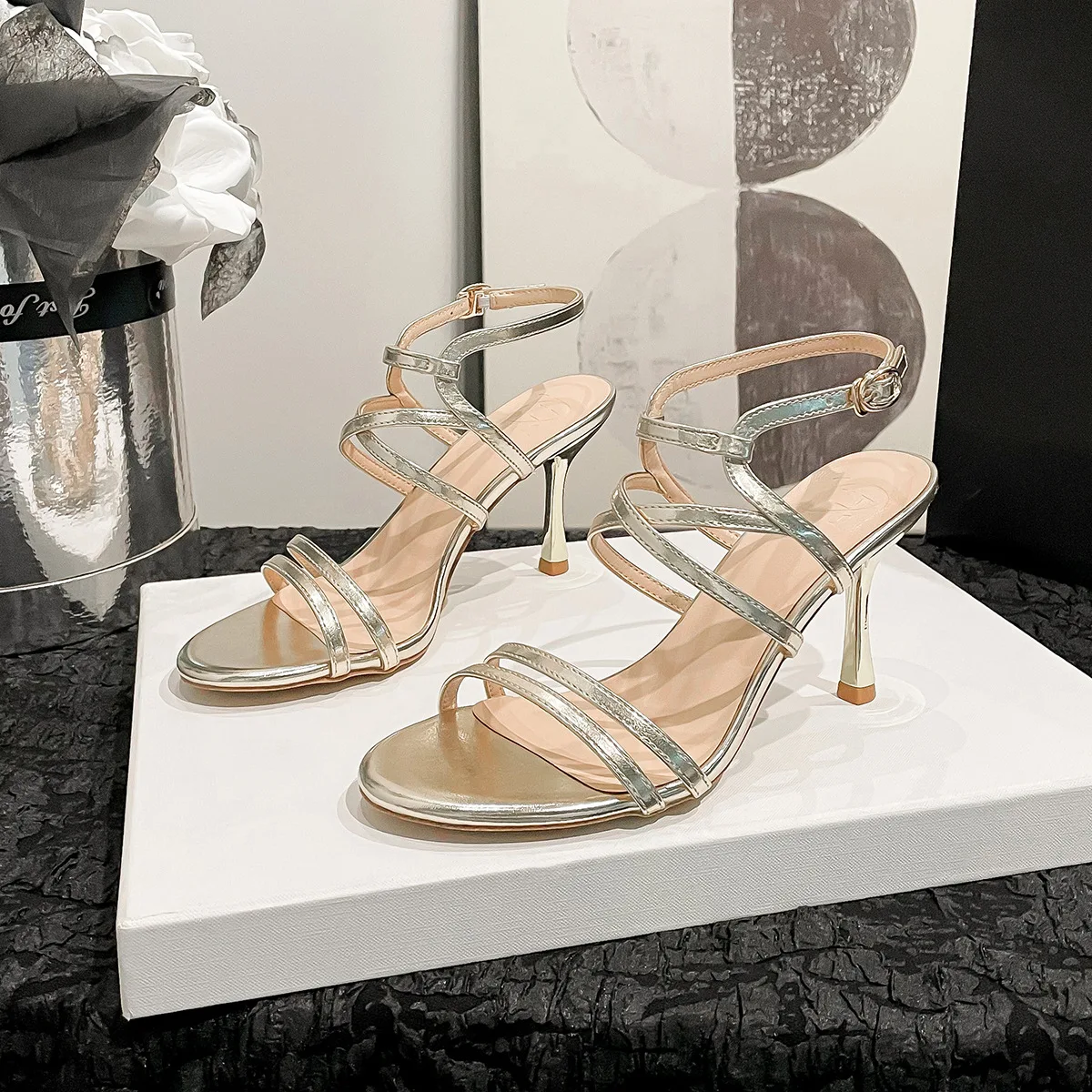 French High-heeled Sandals Women's New Fashion Hollow Cross-lace-up Pointed Open-toed High-heeled Sandals