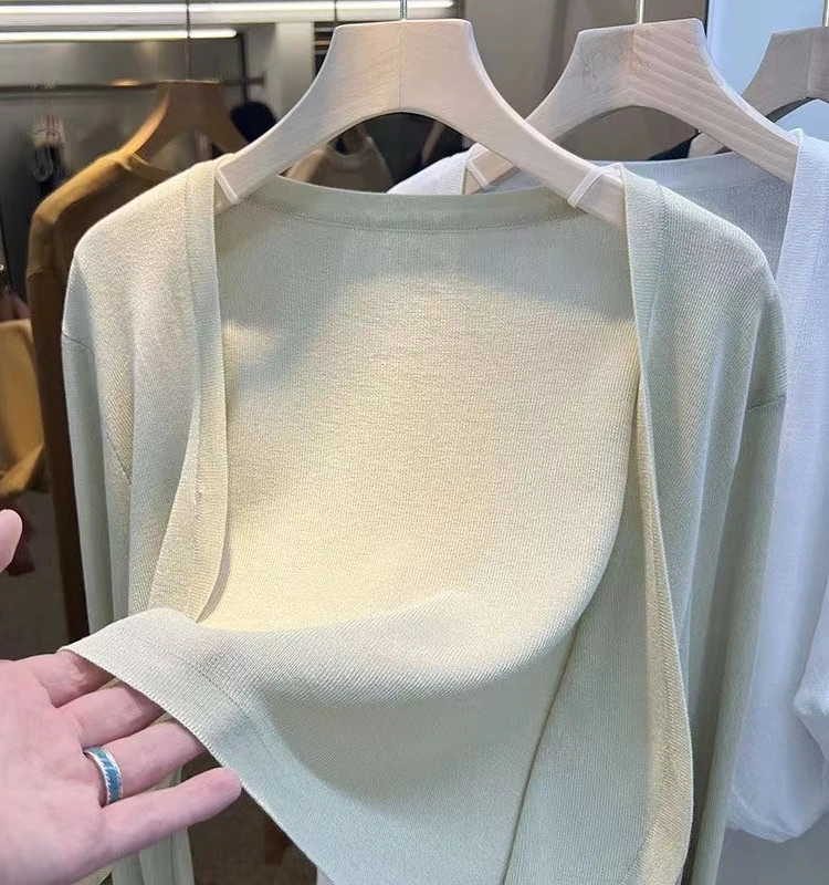 

Lightweight Ice Silk Knitted Open Cardigan Women's Sun Protection Summer Air Conditioning Shirt V-neck Long Sleeve Loose Fit